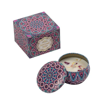 bougies parfumées fleurs séchées rouge bleu rose multicolore motifs floraux mandala ethnique boho chic