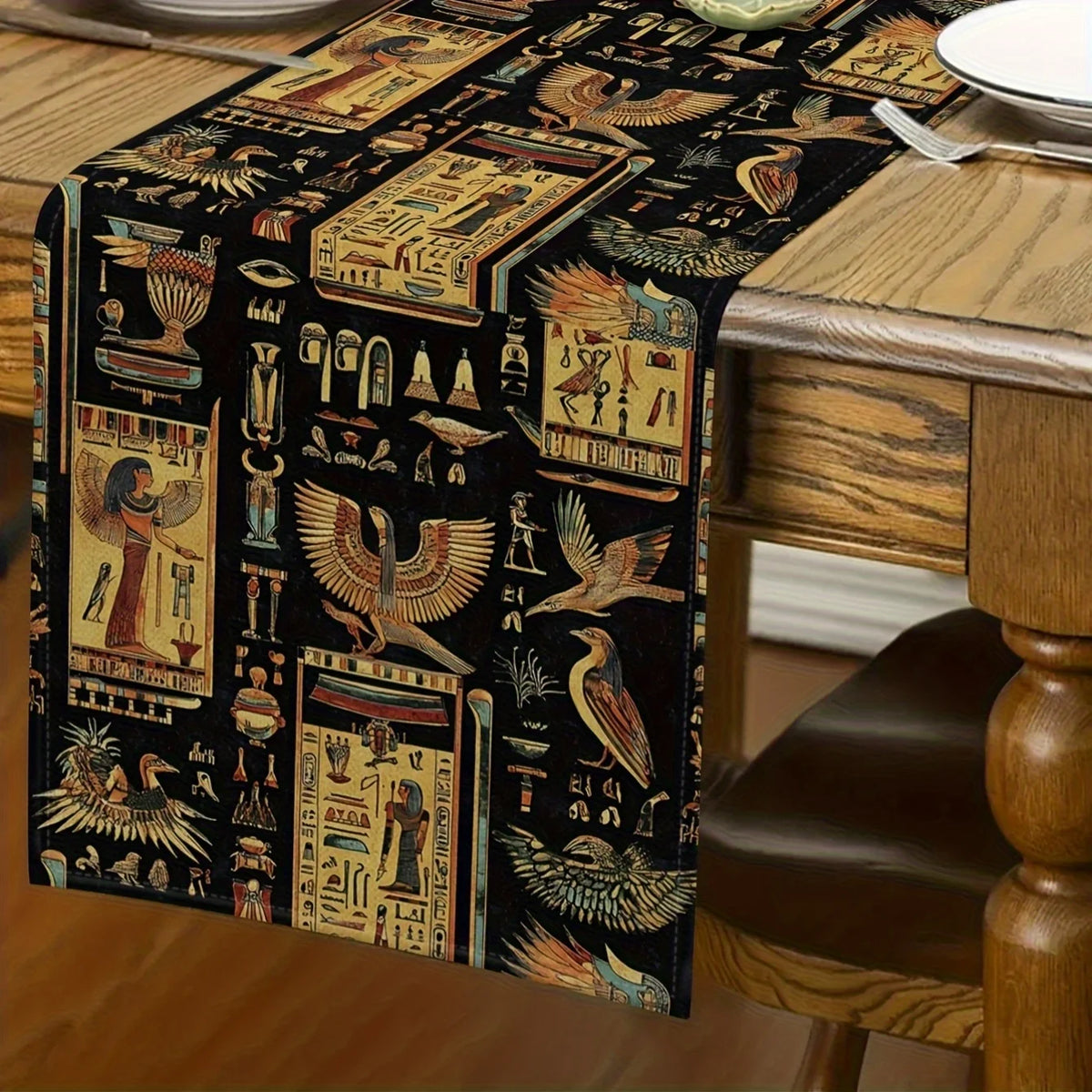tableau chemin table lin égyptien motifs hiéroglyphes oiseaux noir or rouge bleu classique