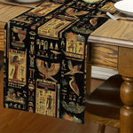 tableau chemin table lin égyptien motifs hiéroglyphes oiseaux noir or rouge bleu classique