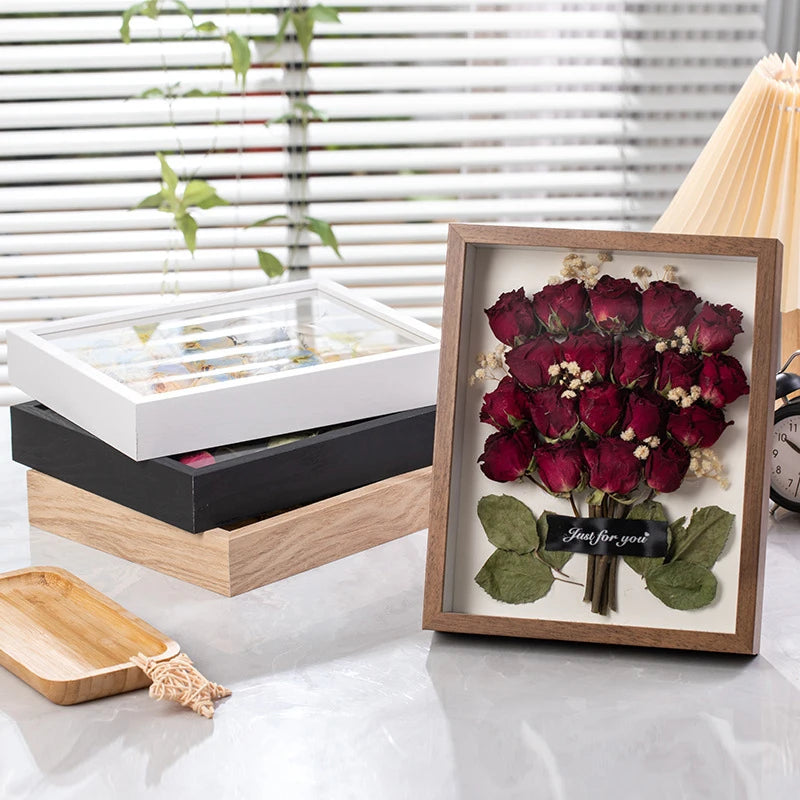 cadre fleur séchée verre transparent rose feuille satin romantique chambre salon
