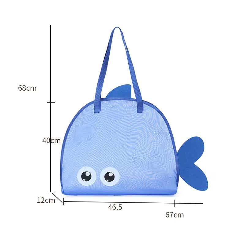 sac plage enfant orange vert bleu noir poisson transparent pelle seau jouet