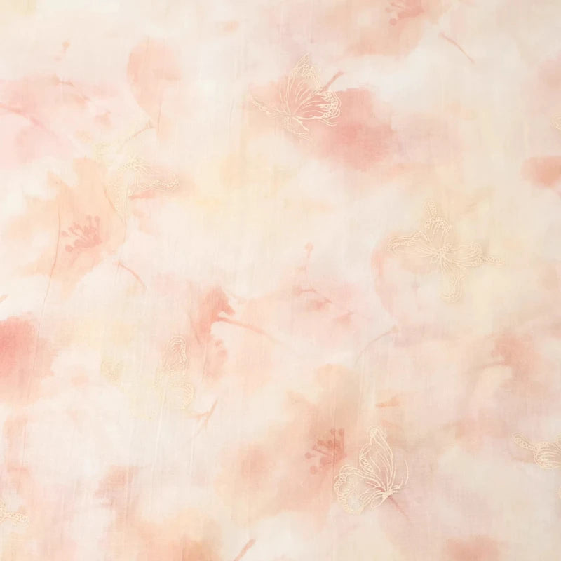 tissu rose clair papillons dorés motifs floraux subtiles élégant romantique translucide 155cm 92g/m