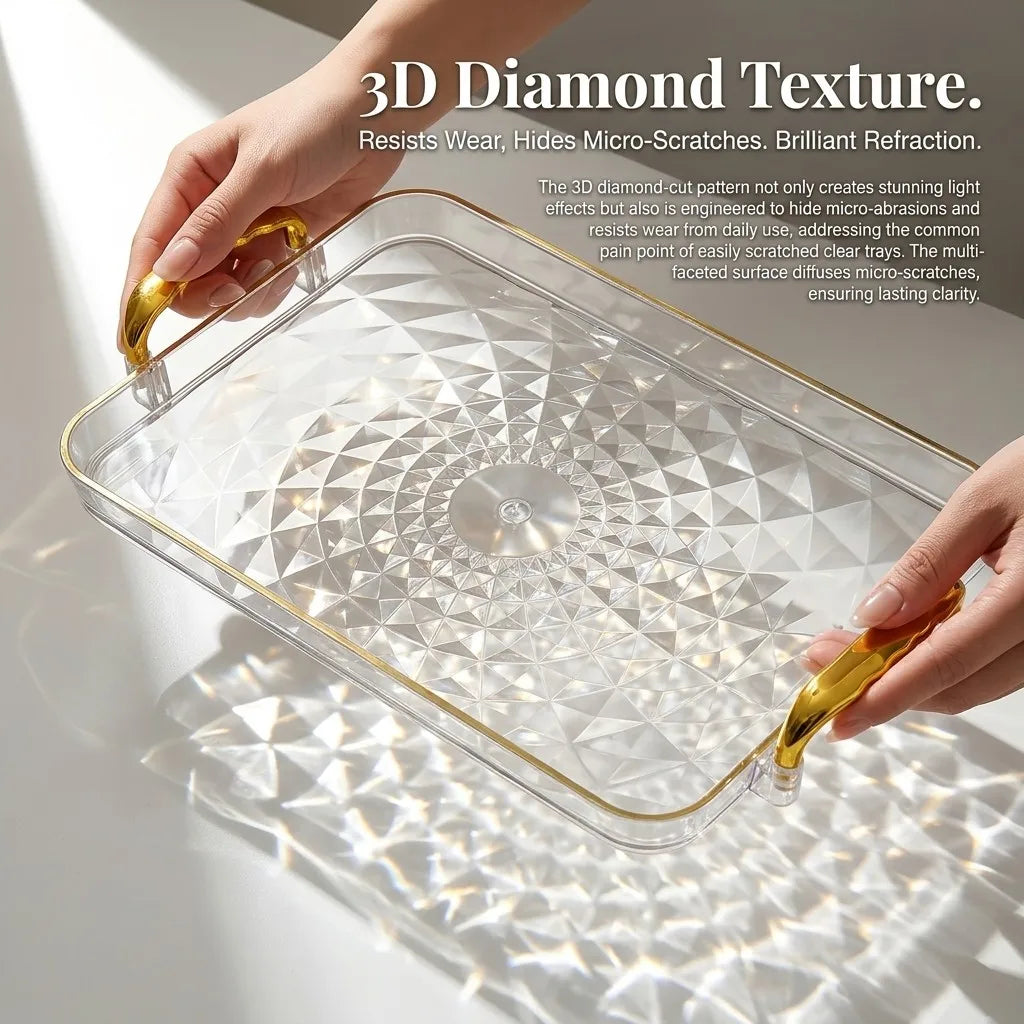 plateau rectangulaire transparent moderne poignées dorées diamant 3d nourriture rangement cuisine élégant respectueux environnement
