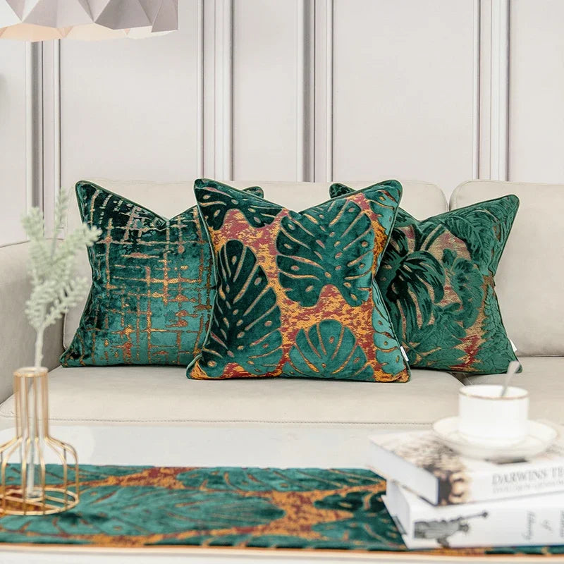 housse coussin velours vert motif feuilles tropicales 30x50cm 45x45cm 50x50cm deco moderne sofa chambrehôtel