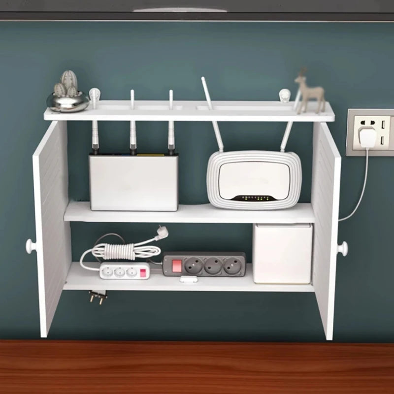 rangement électronique blanc multiusage moderne porte lattée 50cm largeur fixe mur