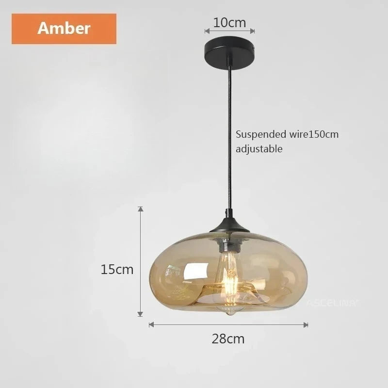 Suspension lumineuse verre soufflé moderne couleur transparent brun rouge bleu ampoule filament câble noir