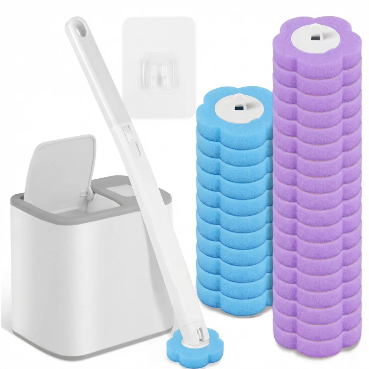 brosse wc douce silicone longue poils blanc bleu moderne pratique fixe adhésif boite rangement