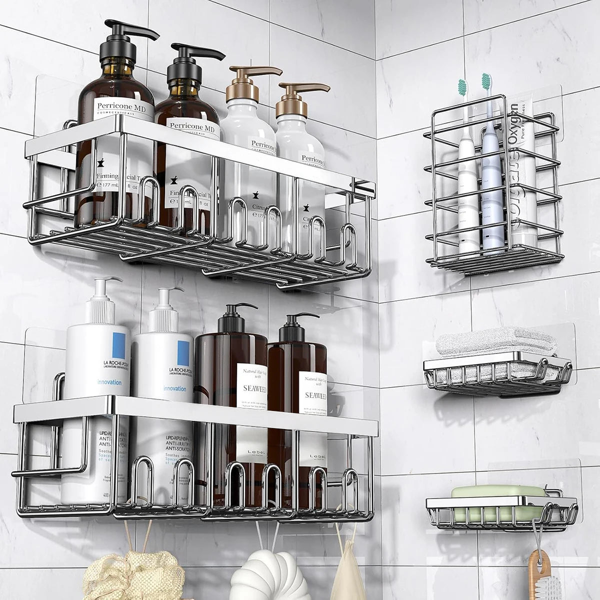 étagères murales adhésives acier inoxydable niveaux rangement moderne salle bain noir sans perçage