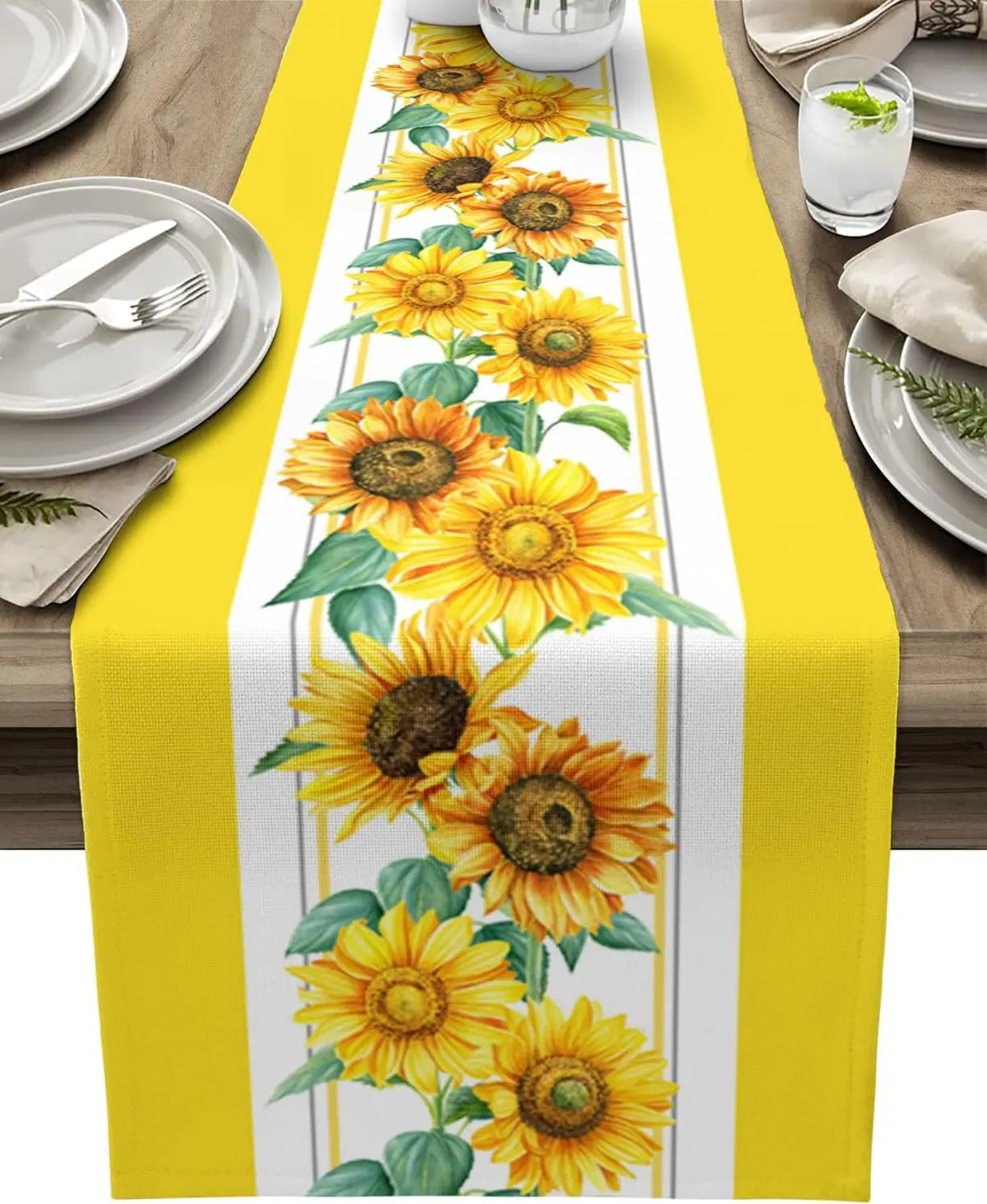 chaise table lin fleurs tournesol jaune motif floral décoration rustique maison festive