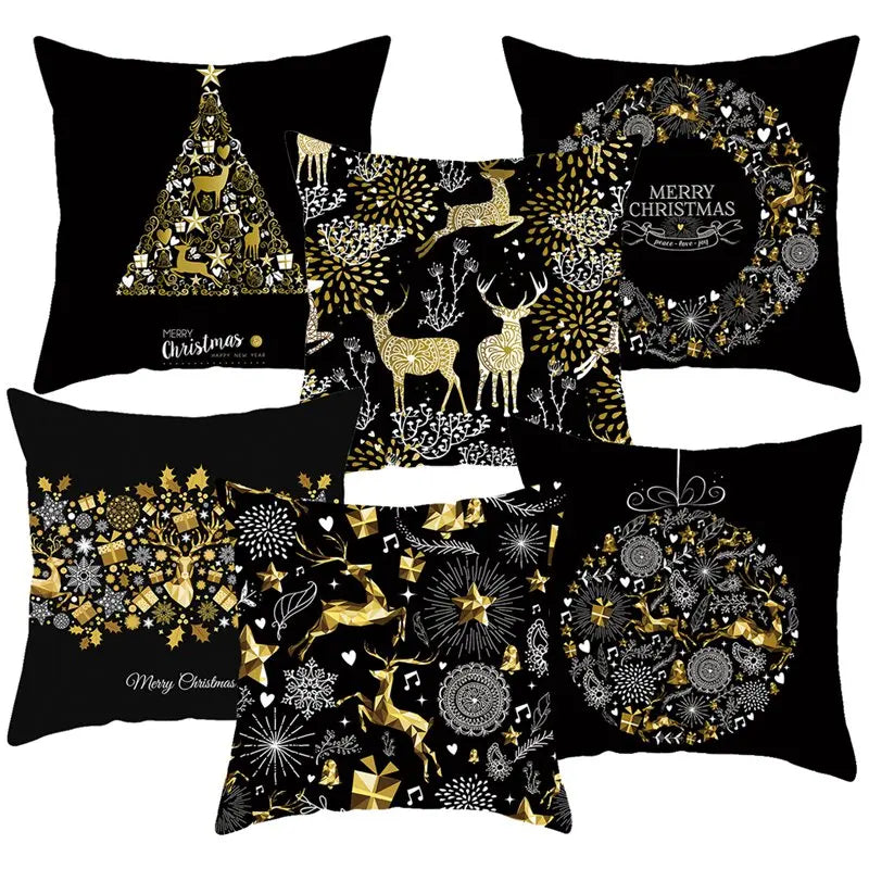 housse coussin noël motifs cerfs flocons étoiles or noir festive decoration fixations