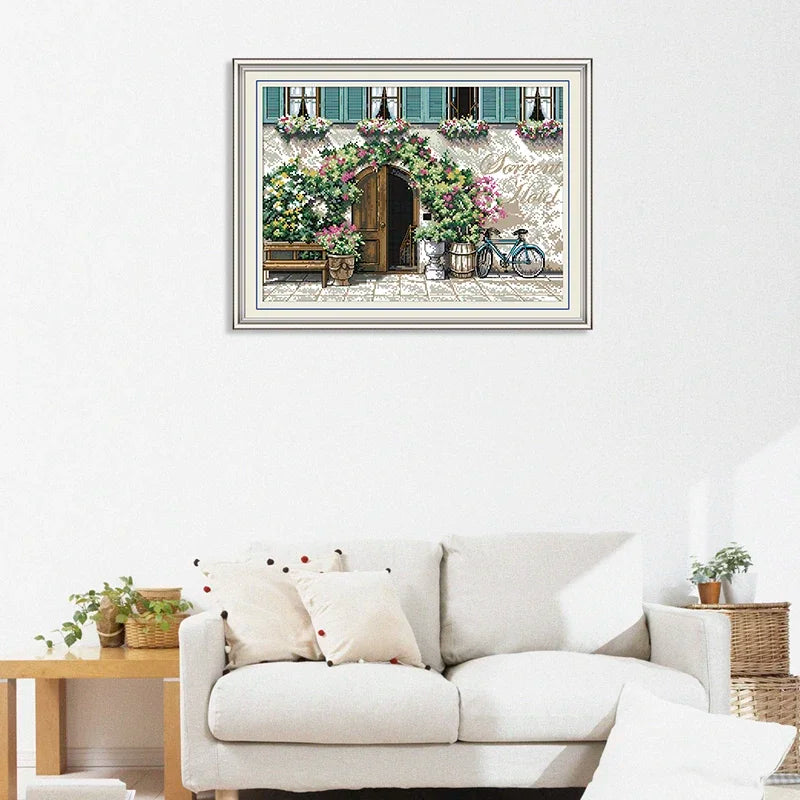 toile brodée paysage moderne porte fenêtres fleuries kit broderie fil coton aiguille tissu decoration