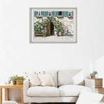 toile brodée paysage moderne porte fenêtres fleuries kit broderie fil coton aiguille tissu decoration