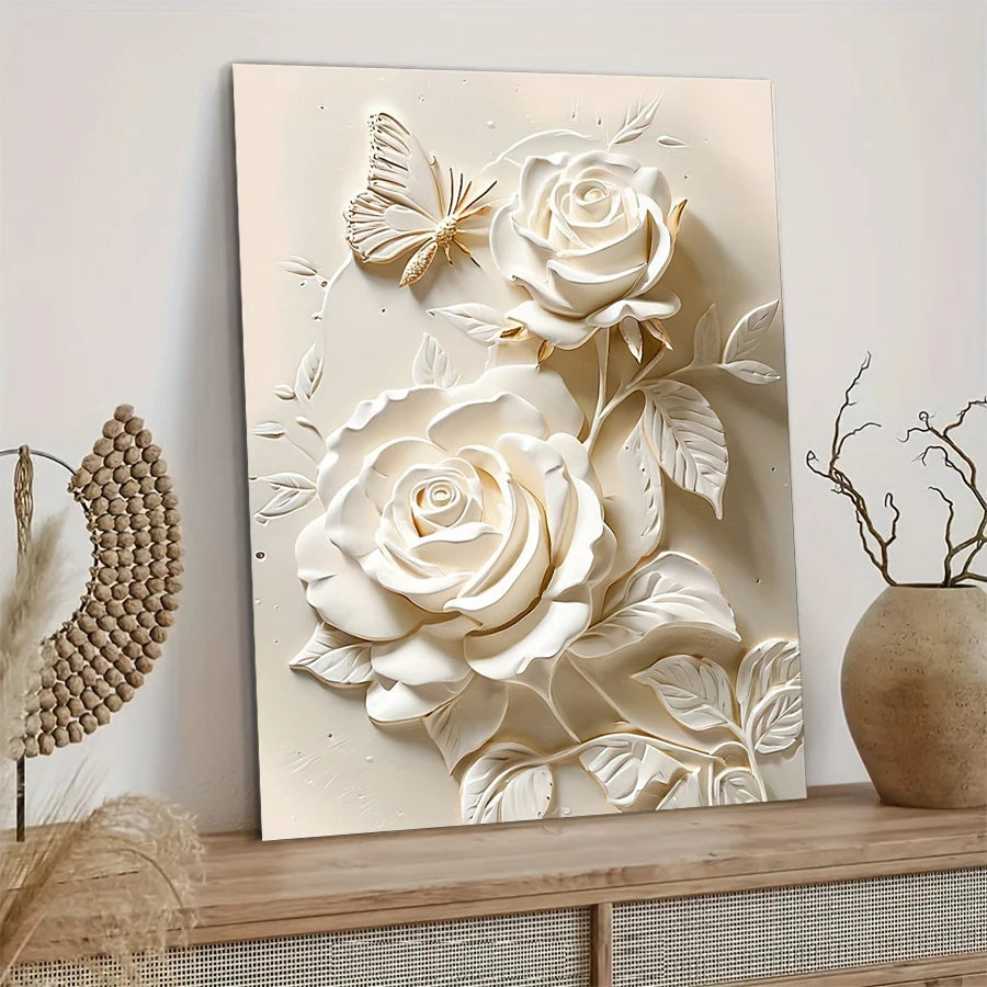 tableau mural toile beige roses sculptées relief papillon doré art contemporain décoration salon