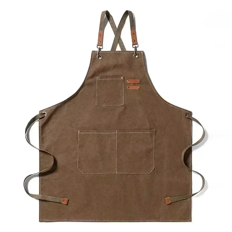 tablier cuisine toile gris classique boucles métalliques poches avant arrière adjustable