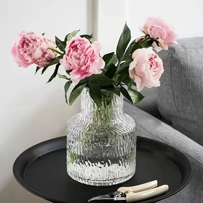 vase verre texturé transparent rose rouge blanc vert moderne salon table fleurs inclusion