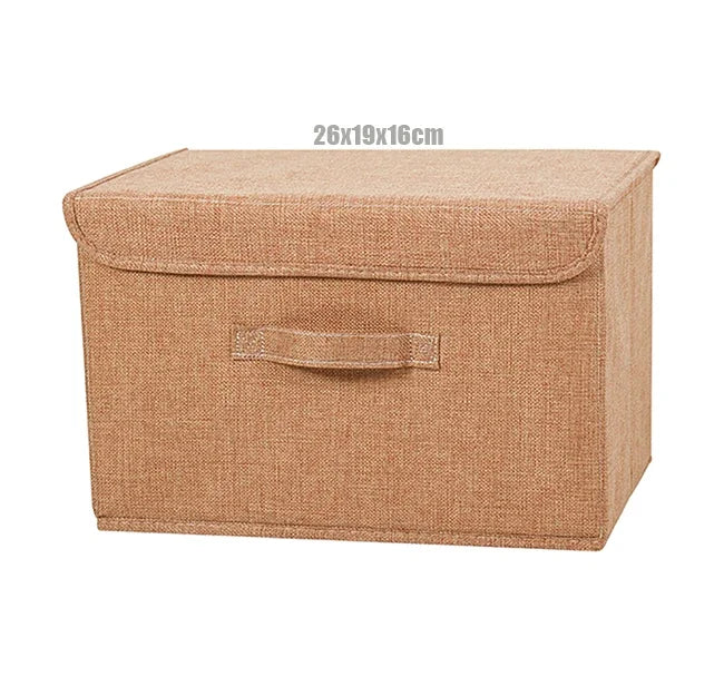 boîte rangement pliable tissu lin gris beige couvercle poignées vêtements
