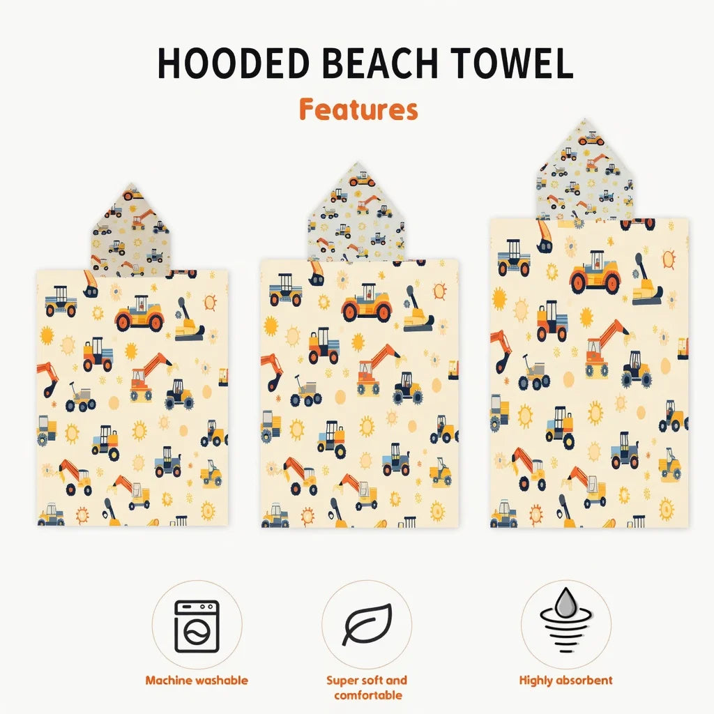 serviette plage polyester capuche tracteur excavatrice soleils moderne enfant beige clair absorption rapide