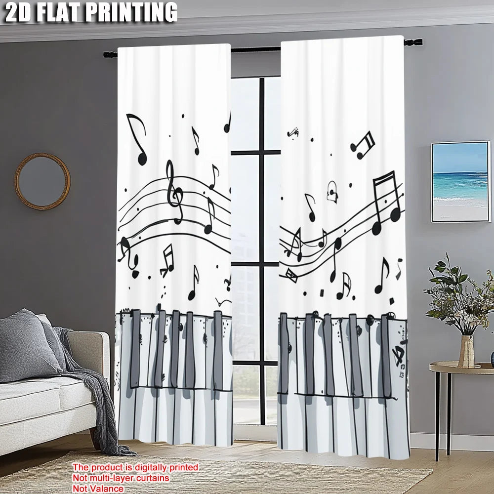 rideau moderne notes musique piano blanc noir polyester deux panneaux