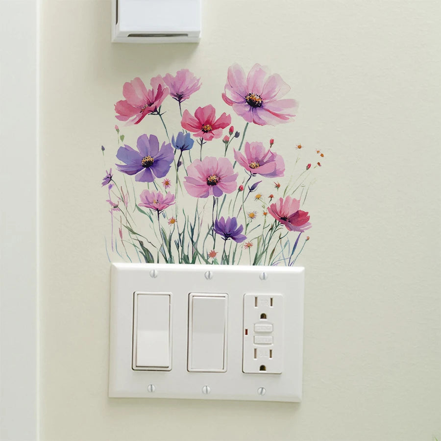 interrupteur mural adhésif fleurs colorées moderne blanc chambre enfant aquarelle amovible pastel