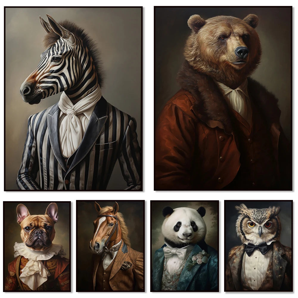 Une collection de portraits fascinants d'animaux anthropomorphisés habillés de façon élégante, évoquant une époque historique.