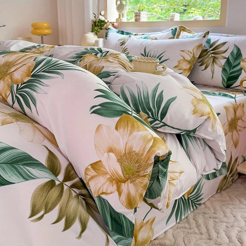 housse couette ensemble 60 pièces microfibre polyester motifs floraux blanc vert jaune rouge moderne