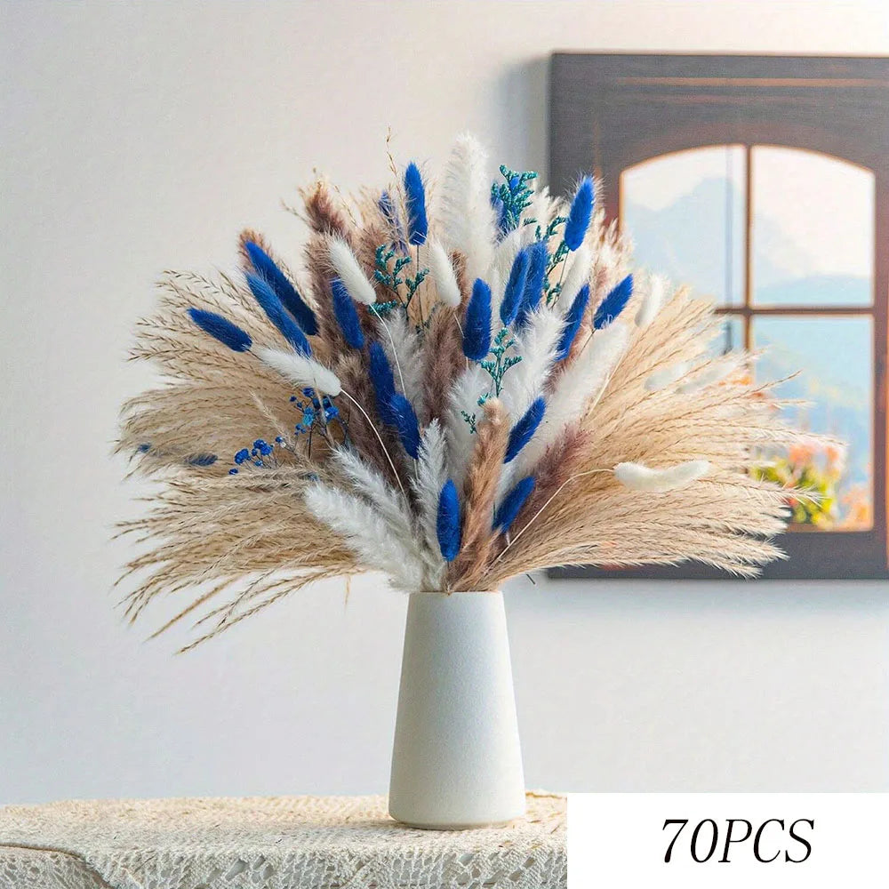 décoration intérieure bouquet pampas bleu blanc naturel vase bougie éléments
