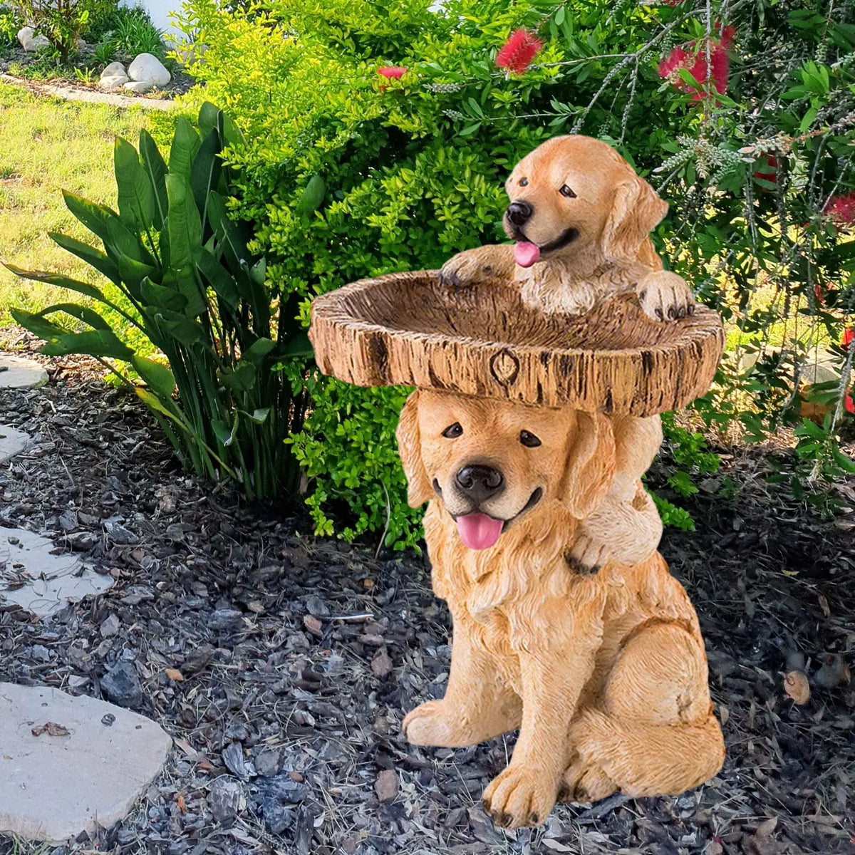 statue chiens golden retriever résine bol bois oiseaux jardin feeder attrape oiseau deco patioextérieur