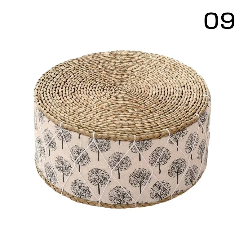 coussin futon rond tissé motifs géométriques beige bleu marine blanc boho rustique