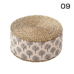coussin futon rond tissé motifs géométriques beige bleu marine blanc boho rustique