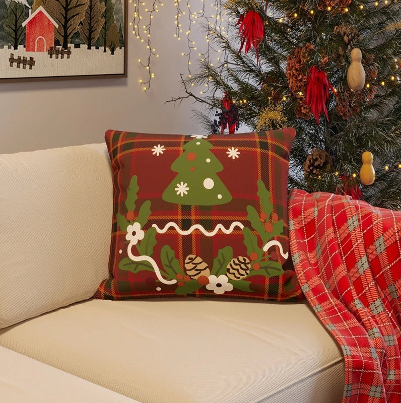 housse coussin noël imprimé père noël rennes arbre décoration maison festive 45x45cm polyester blanc