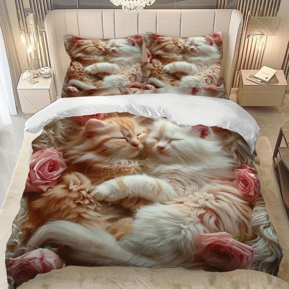 Ensemble de literie 3 pièces chaton et roses
