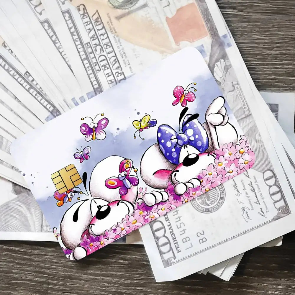cartes bancaires personnalisées dessin animé souris coeurs papillons fleurs blanc rose vert jaune