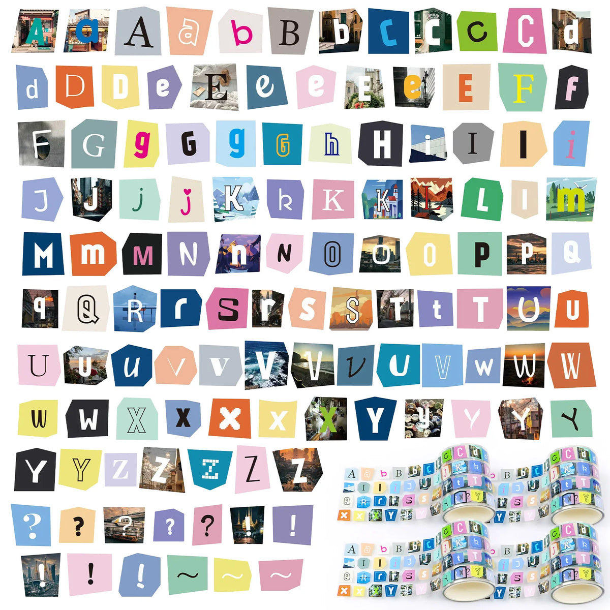 autocollants lettres alphabet multicolores patchwork scrapbooking diy enfants rouleaux adhésifs urbain original