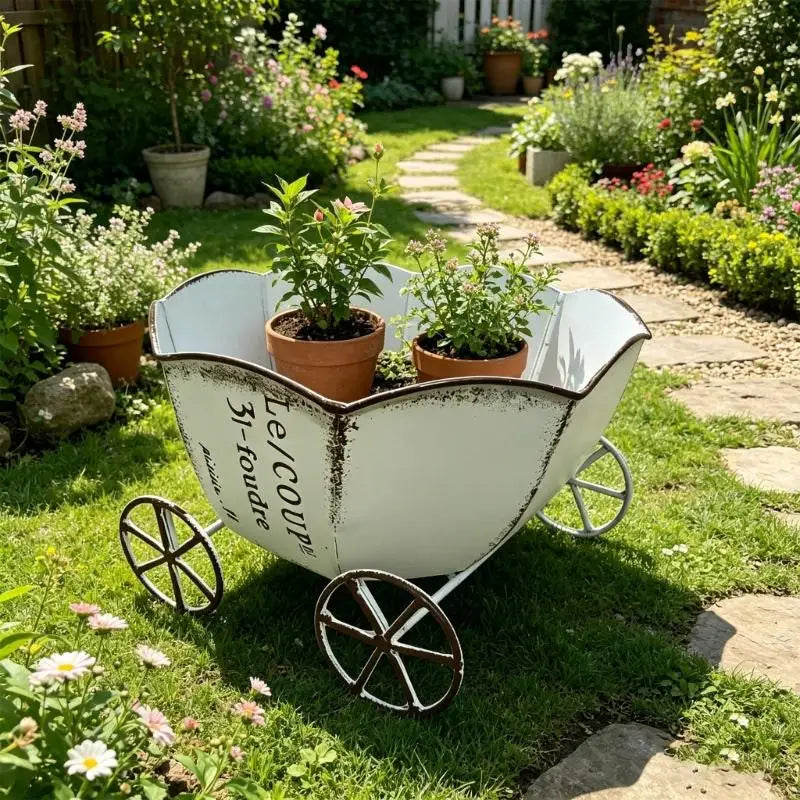 chariot decoratif vintage plante pots fleurs artificielles couleur blanche bleue verte noire