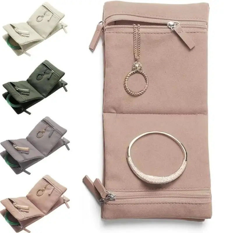 porte bijoux pliable sac velours beige uni moderne zip rangement bracelet collier porte monnaie