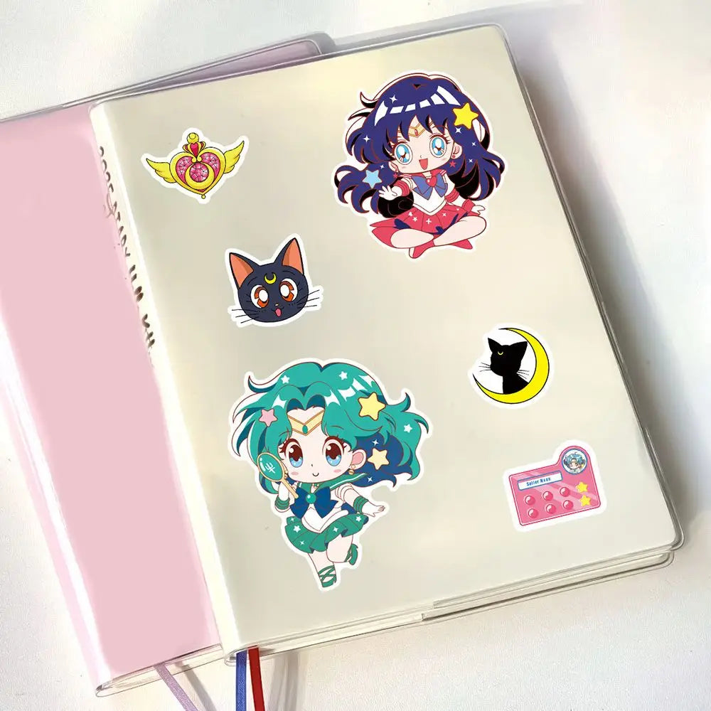 sticker autocollant anime personnages mignon géométrique rouge bleu vert jaune violet décoration bouteille carnet