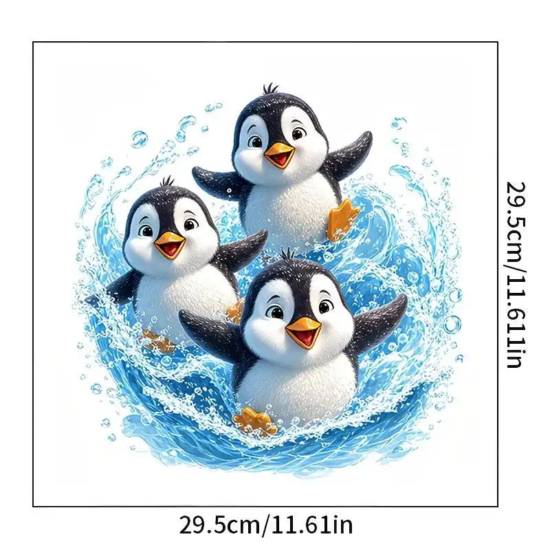 sticker toilette pingouins dessin animé blanc bleu noir orange bulles salle bain imperméable amovible
