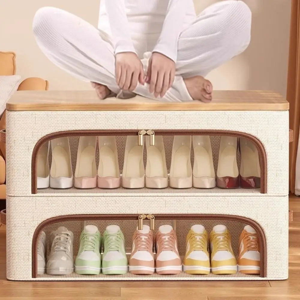 boîte chaussures beige toile moderne fenêtre transparente poignées cuir réutilisable rangement sous lit