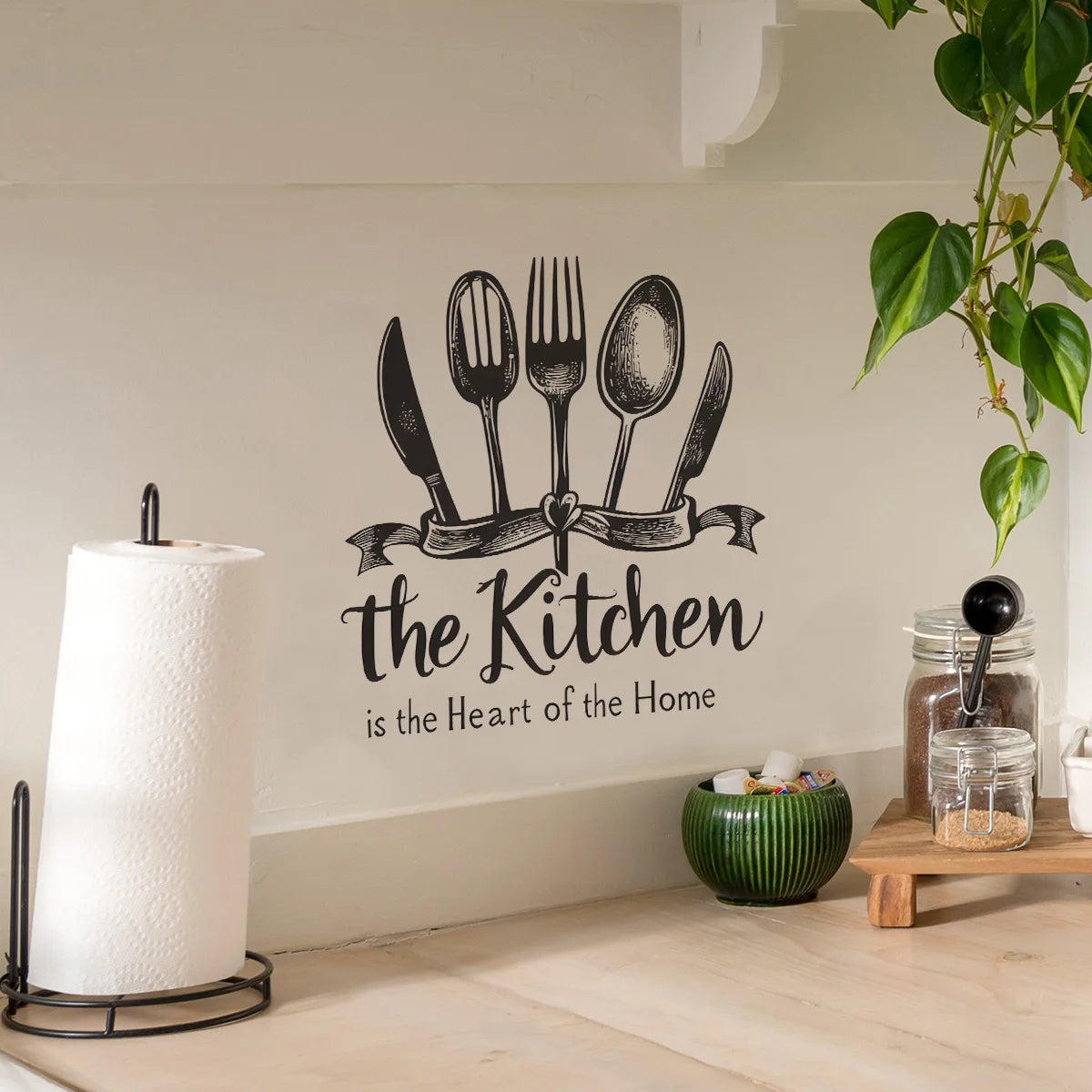 autocollant mural vintage noir couteau fourchette cuillère ruban texte kitchen heart deco amovible vinyl