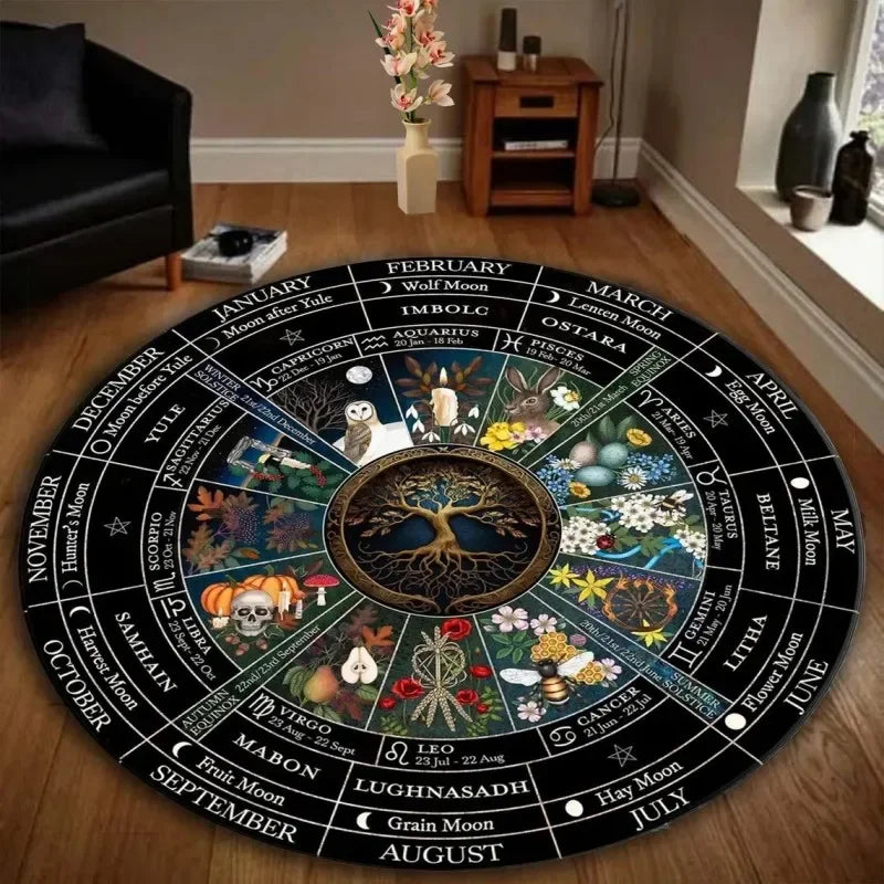 tapis rond noir blanc saisonnal astrologique motifs symboliques oracles prière moderne salon chambre