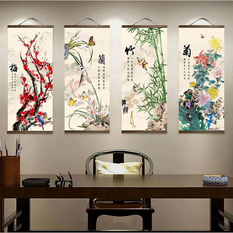 toile imprimée motifs floraux chinois bambou orchidée chrysanthème décoration murale rouleaux peinture asiatique traditionnelleSuspension