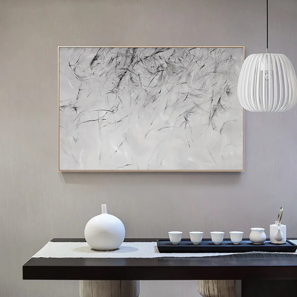 tableau abstrait moderne peinture toile blanche gris noir lignes horizontales sans cadre