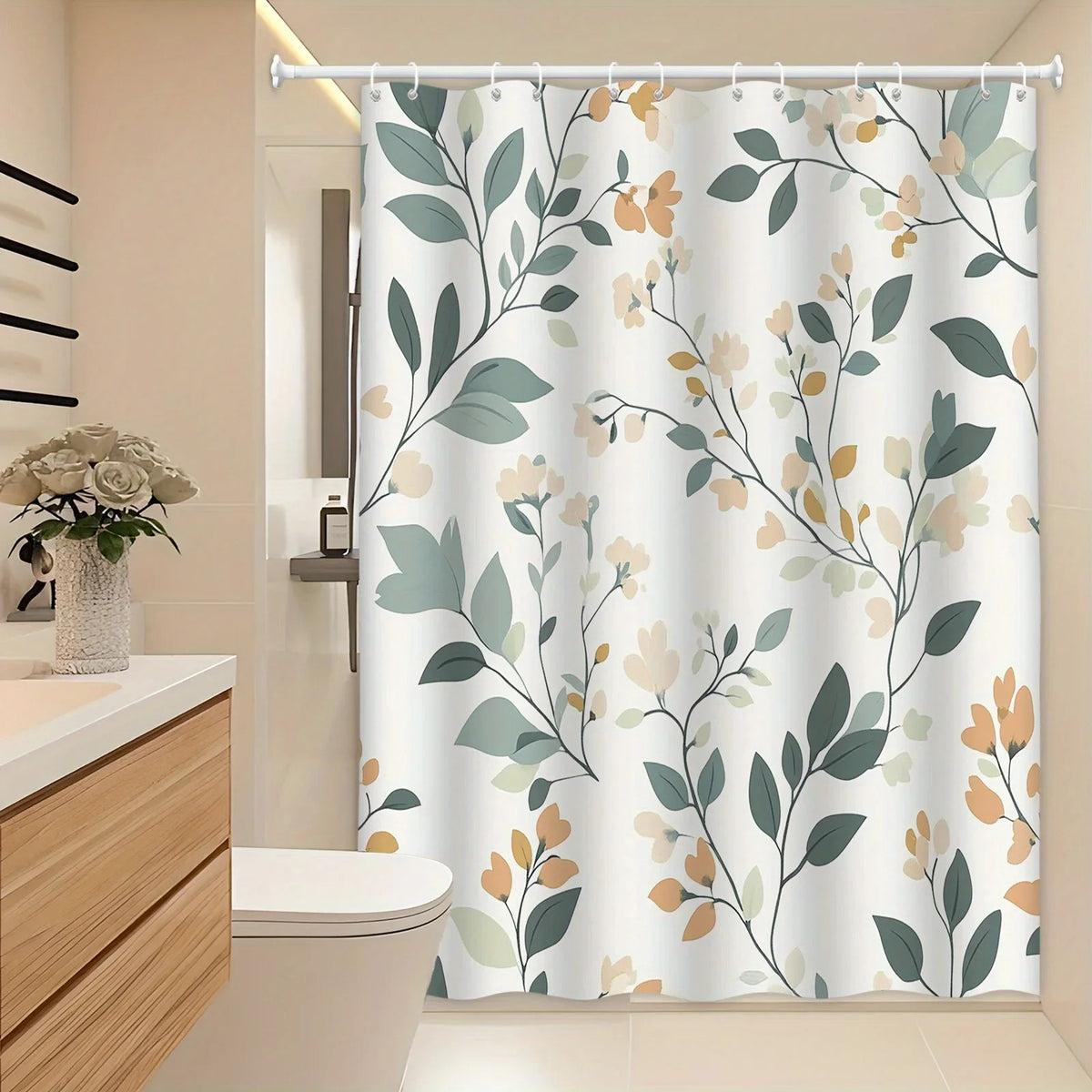 rideau douche motifs floraux moderne blanc vert orange polyester totalement opaque botanique