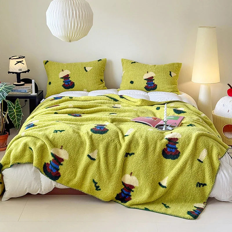 couverture peluche verte motif chapeaux colorés douce portable hiver automne