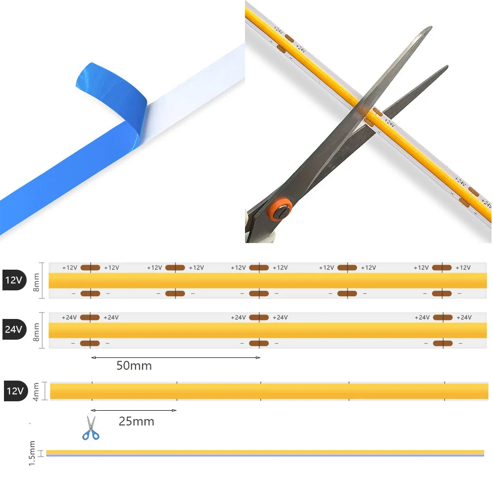 ruban led flexible bleu jaune moderne adhésif 8mm 4mm blanc chaud froid minimaliste