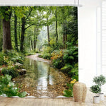 rideau douche polyester paysage forestier ruisseau naturel vert marron jaune blanc 180x180cm tringle rideau