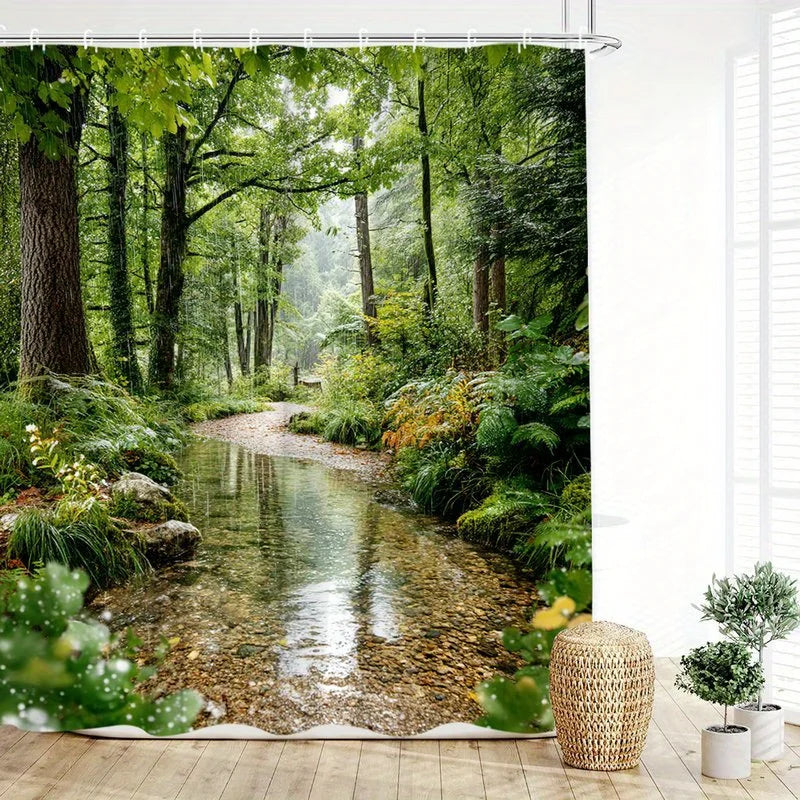 rideau douche polyester paysage forestier ruisseau naturel vert marron jaune blanc 180x180cm tringle rideau