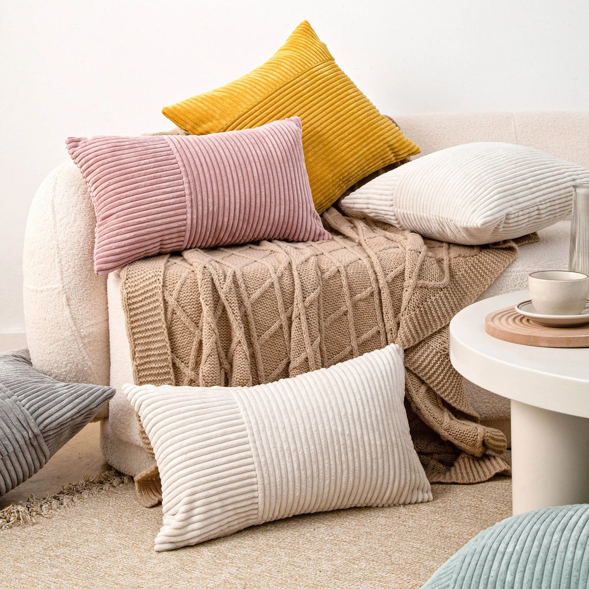 housses coussin patchwork moderne polyester coton beige rose gris vert rayures 45cm 1pc opaques
