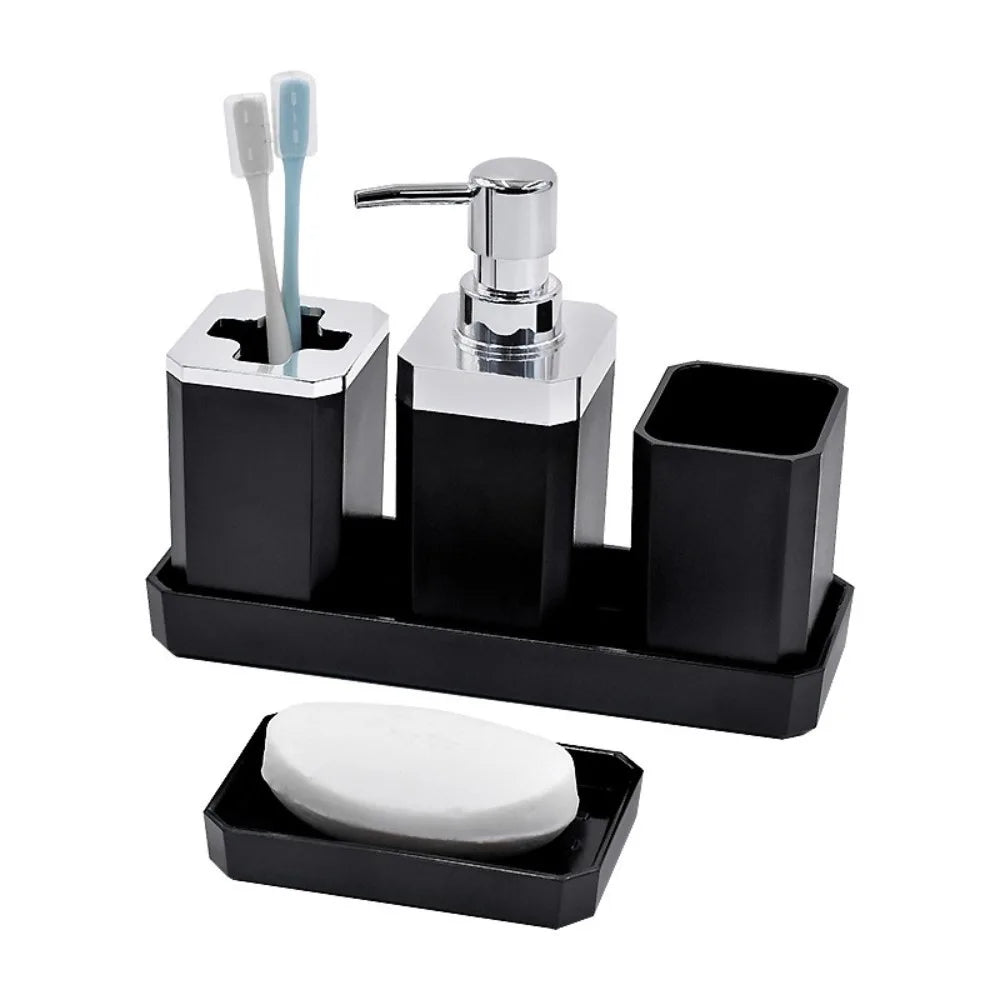 ensemble salle bain moderne porte brosse dents porte gobelet distributeur savon plateau bambou noir