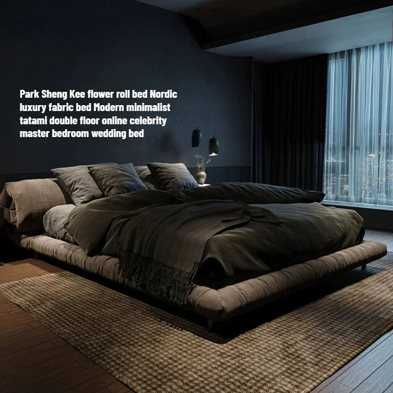 lit moderne minimaliste bois gris tissu storage master bedroom